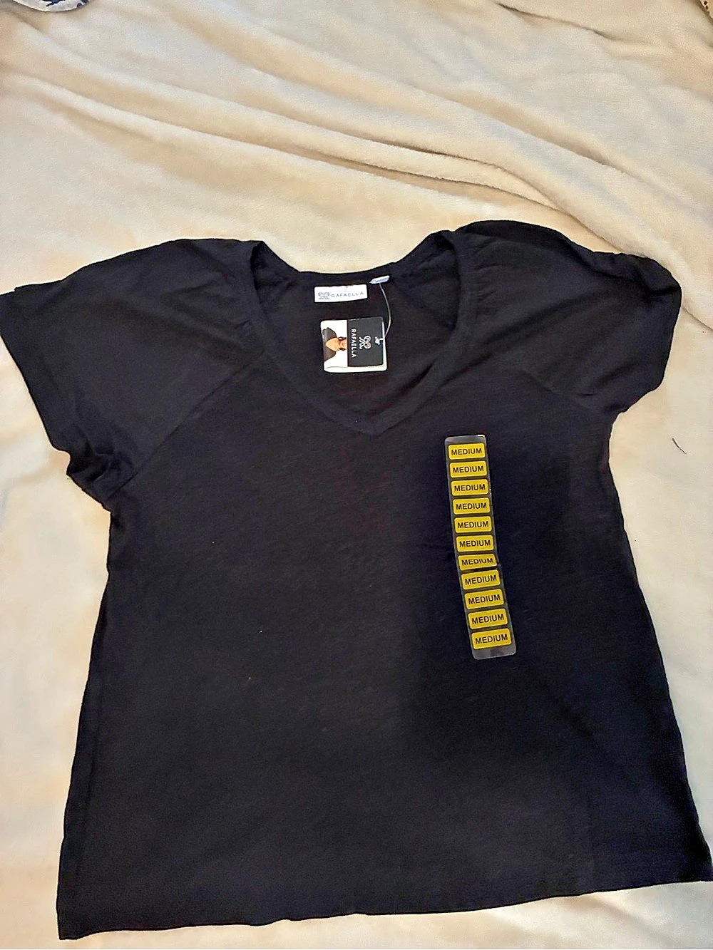 Rafaella Short Sleeve V-Neck Knit Top Black Medium